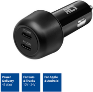 ACT AC2200 2-port USB-C Fast Car Charger 45W with Power Delivery Black